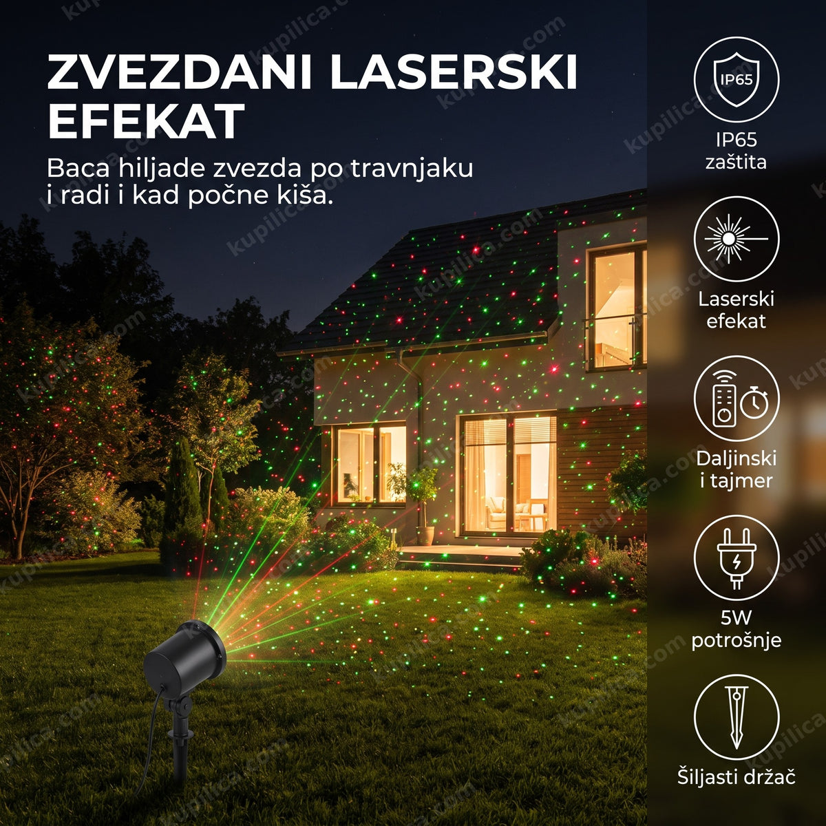 projektor zvezda za dvorište sa laserskim efektom osvetljava fasadu kuće noću, benefiti proizvoda