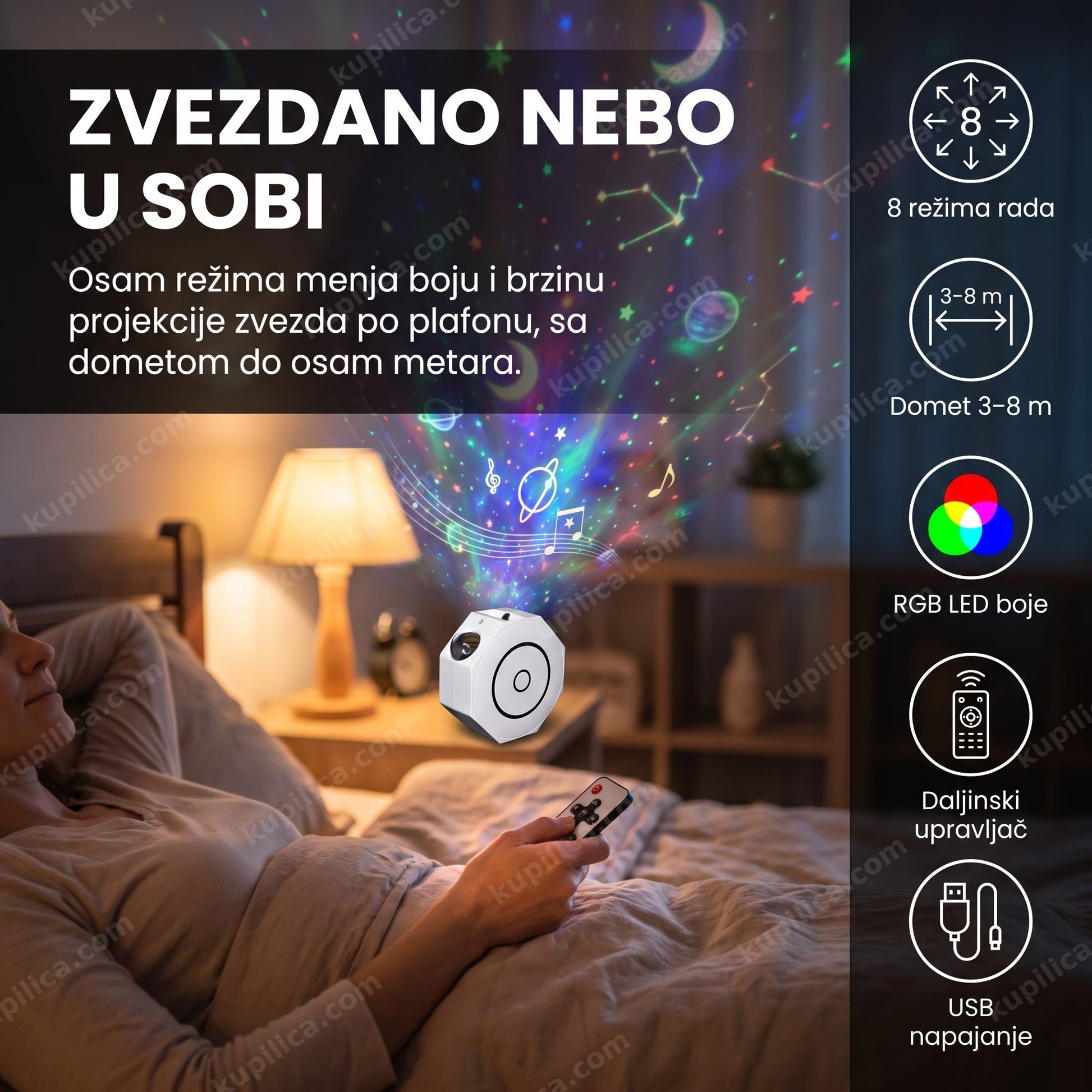 Projektor neba sa daljinskim upravljačem, 8 režima i RGB LED svetlom