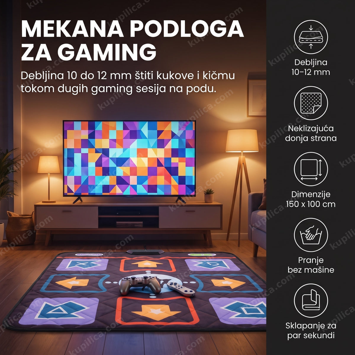 Prostirka za TV gaming sa džojsticima ispred ekrana sa apstraktnom šarom, benefiti proizvoda