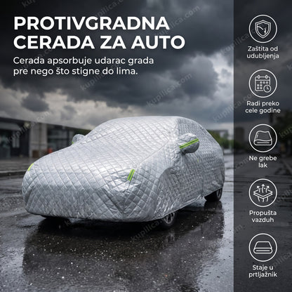 srebrna protivgradna cerada za auto preko cele karoserije pod oblačnim nebom, benefiti proizvoda