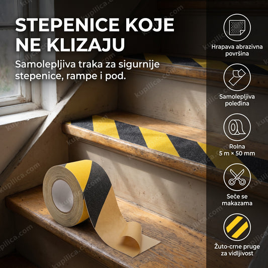 žuto-crna protivklizna traka nalepljena na ivici drvenog stepenika