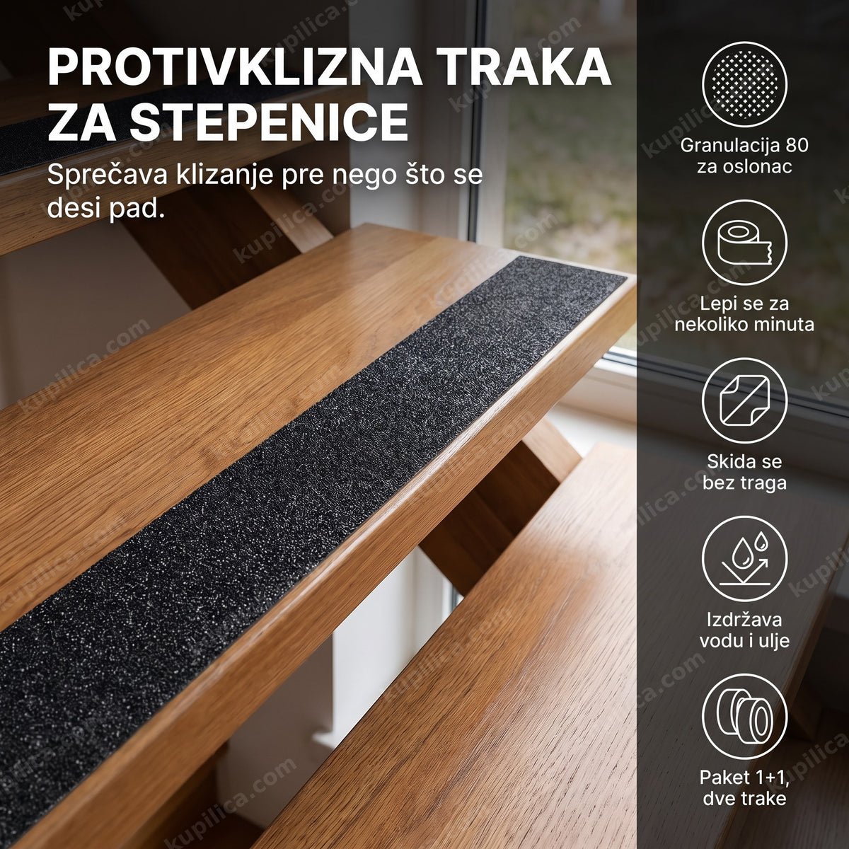 crna protivklizna traka za stepenice zalepljena na ivici stepenika, benefiti proizvoda