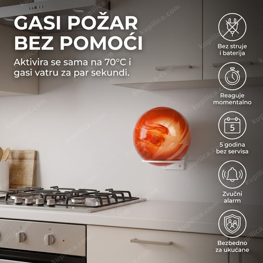 protivpožarna kugla za gašenje požara okačena na zidu pored šporeta, benefiti proizvoda