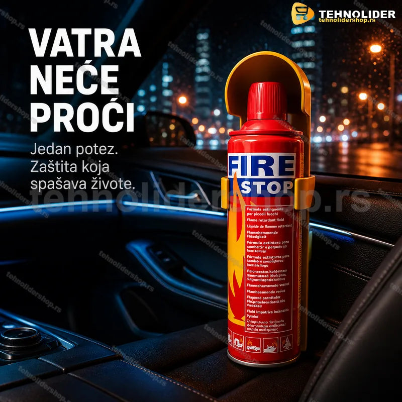 protivpožarni sprej za auto 500 ml — crvena aluminijumska boca sa žutim držačem