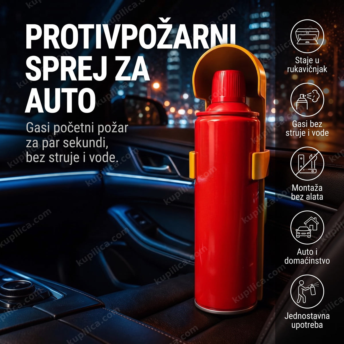 Protivpožarni sprej u držaču u gepeku automobila, benefiti proizvoda