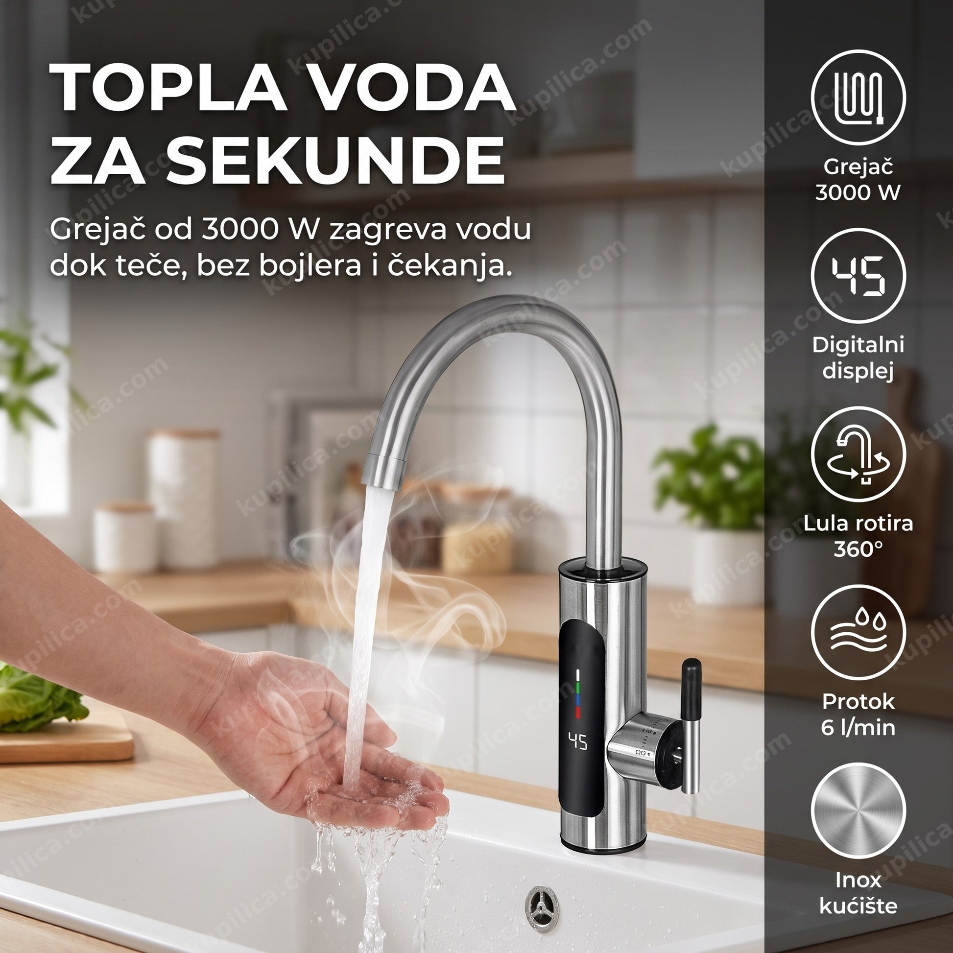 Inox protočna slavina RY-019 sa čvrstom lulom, 3000 W