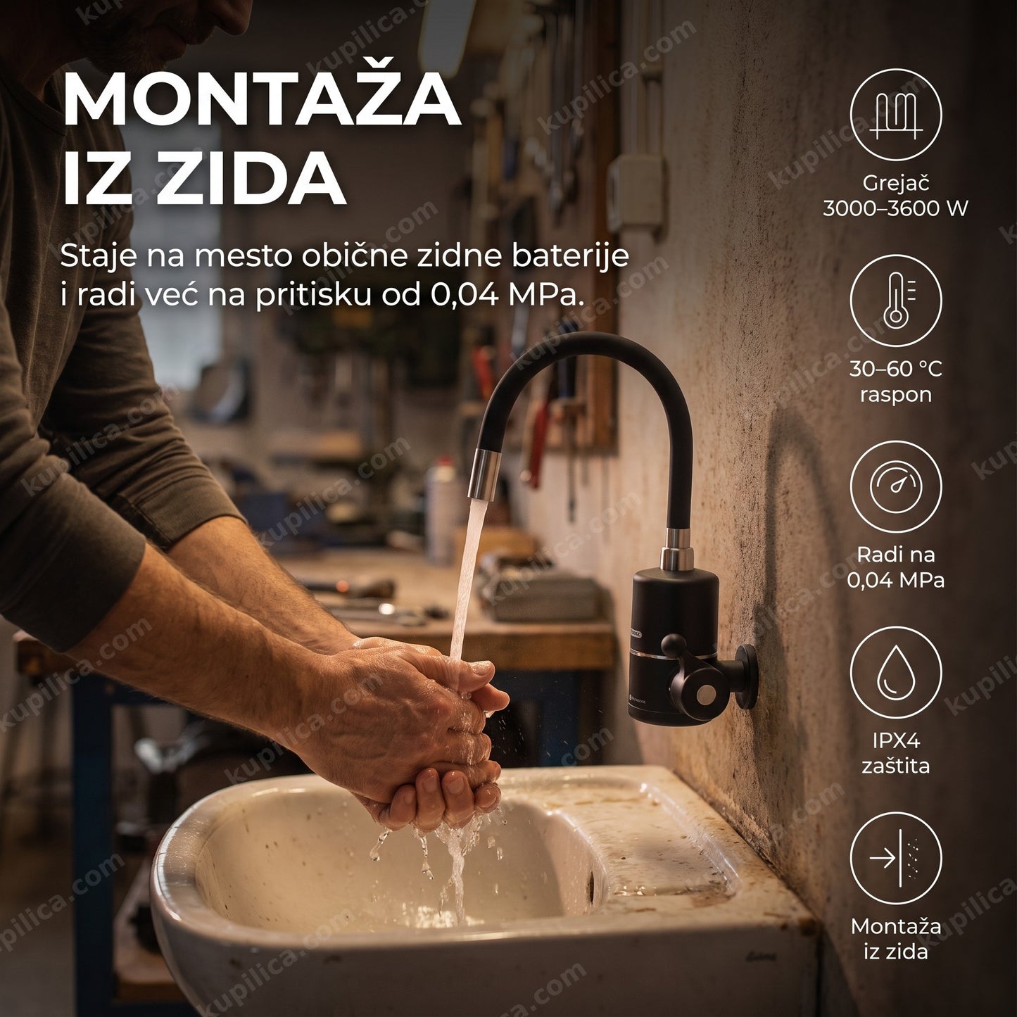 Protočna slavina sa grejačem Mühler TX57FS za montažu iz zida, 3600W