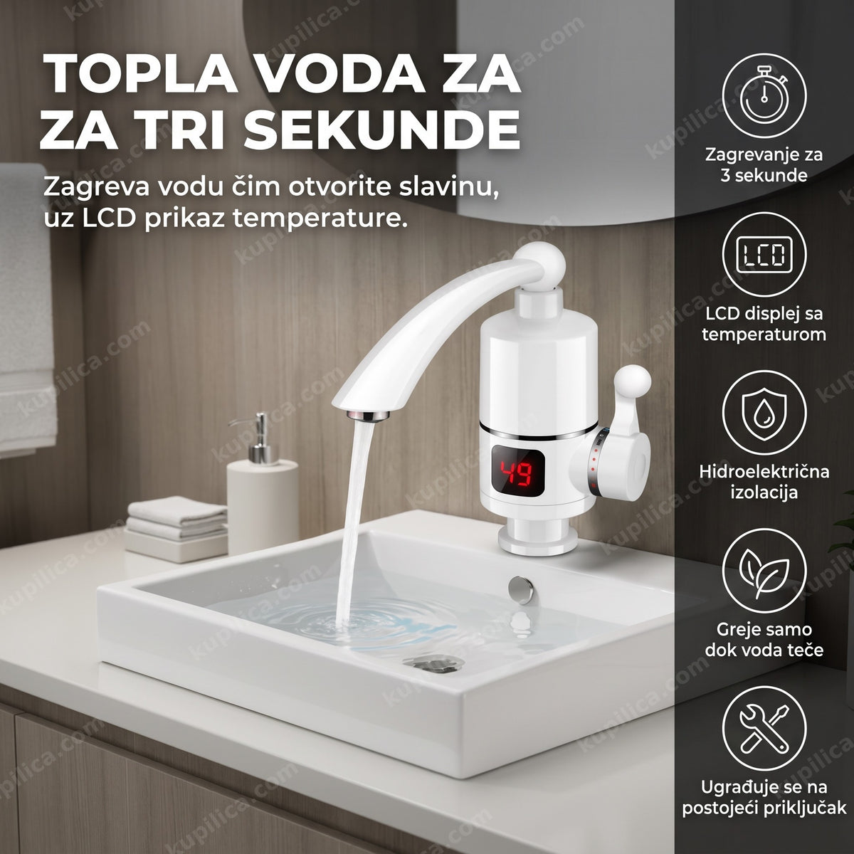 Beli protočni bojler sa slavinom i LCD displejem iznad sudopere, benefiti proizvoda