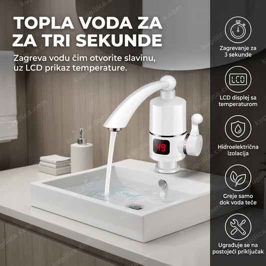 Beli protočni bojler sa slavinom i LCD displejem iznad sudopere, benefiti proizvoda