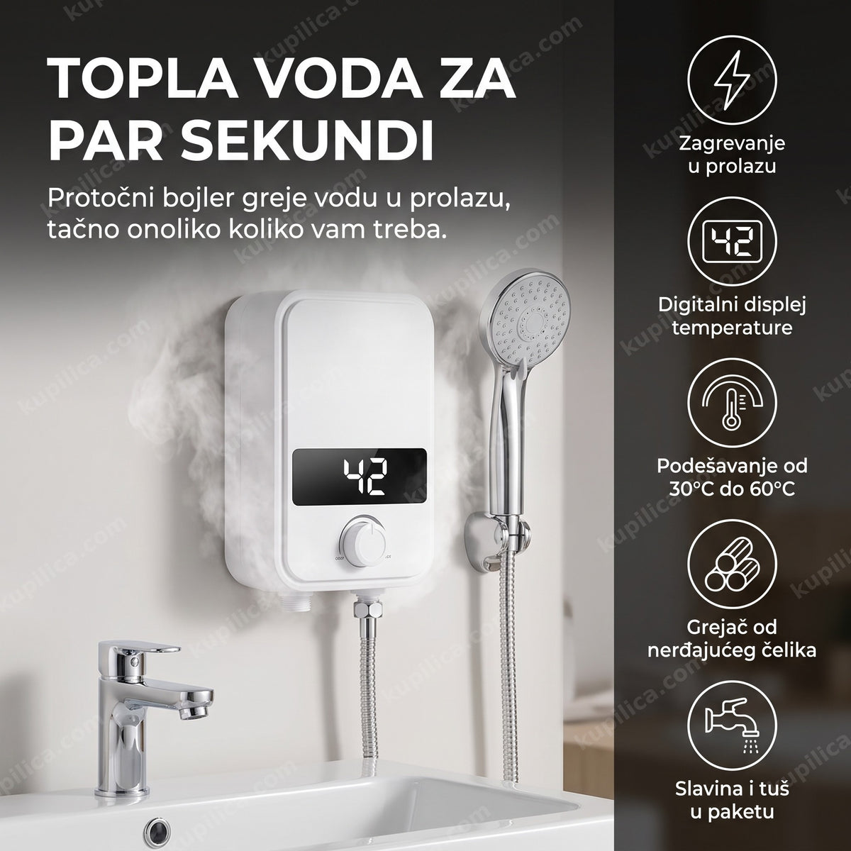 Protočni bojler sa tušem i slavinom u kupatilu sa parom, benefiti proizvoda