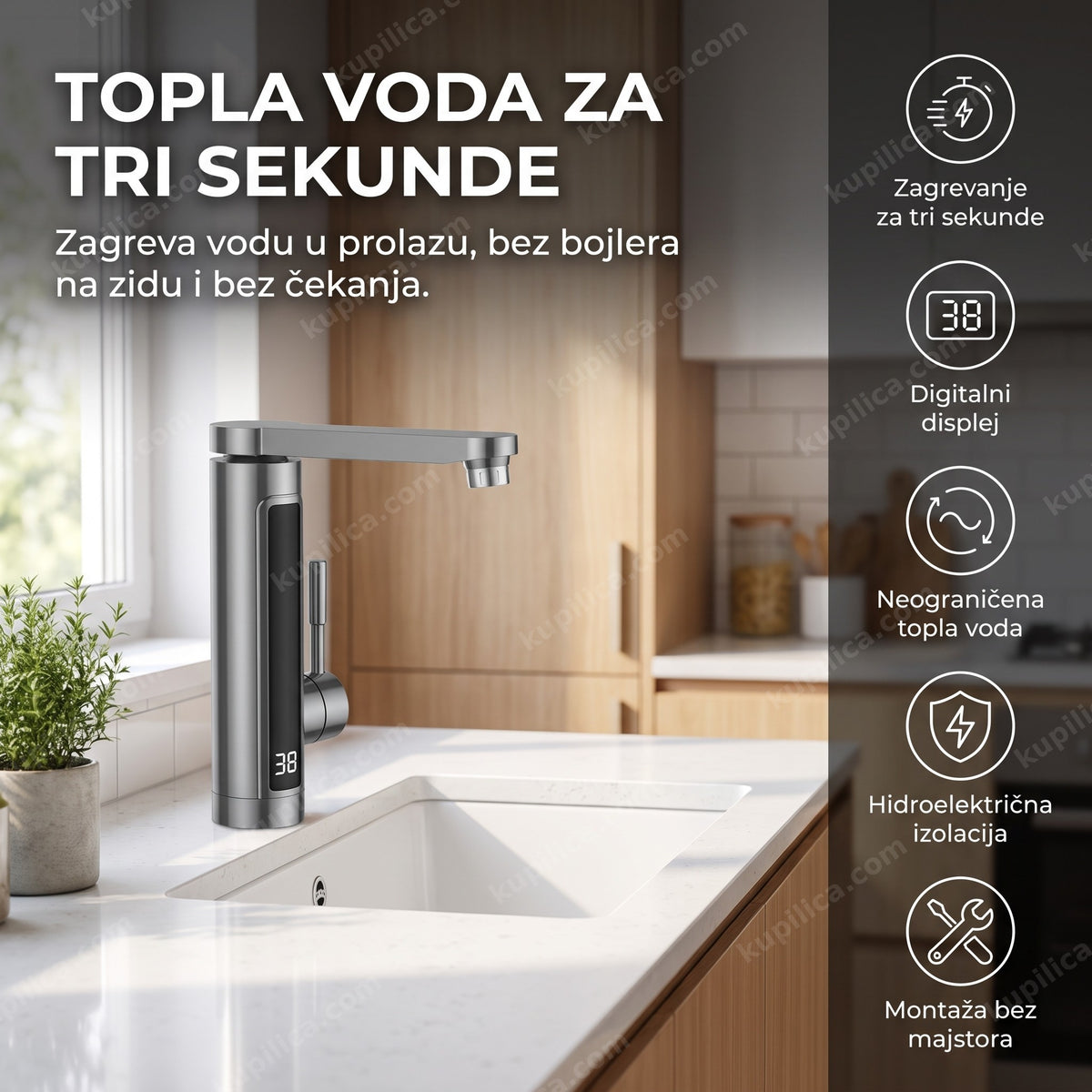 siva protočna slavina sa bojlerom i displejem na sudoperi u modernoj kuhinji, benefiti proizvoda