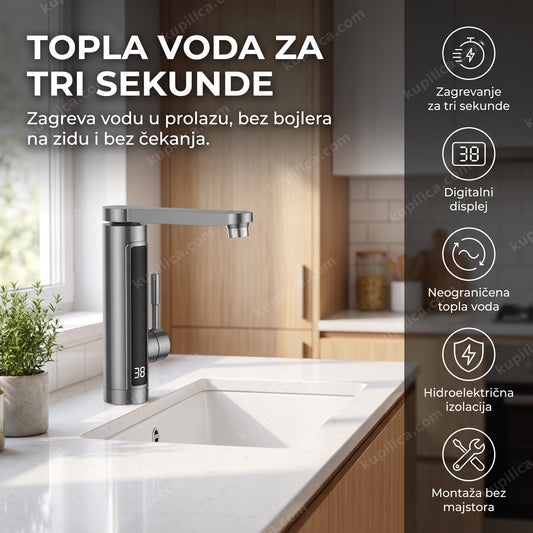 siva protočna slavina sa bojlerom i displejem na sudoperi u modernoj kuhinji, benefiti proizvoda