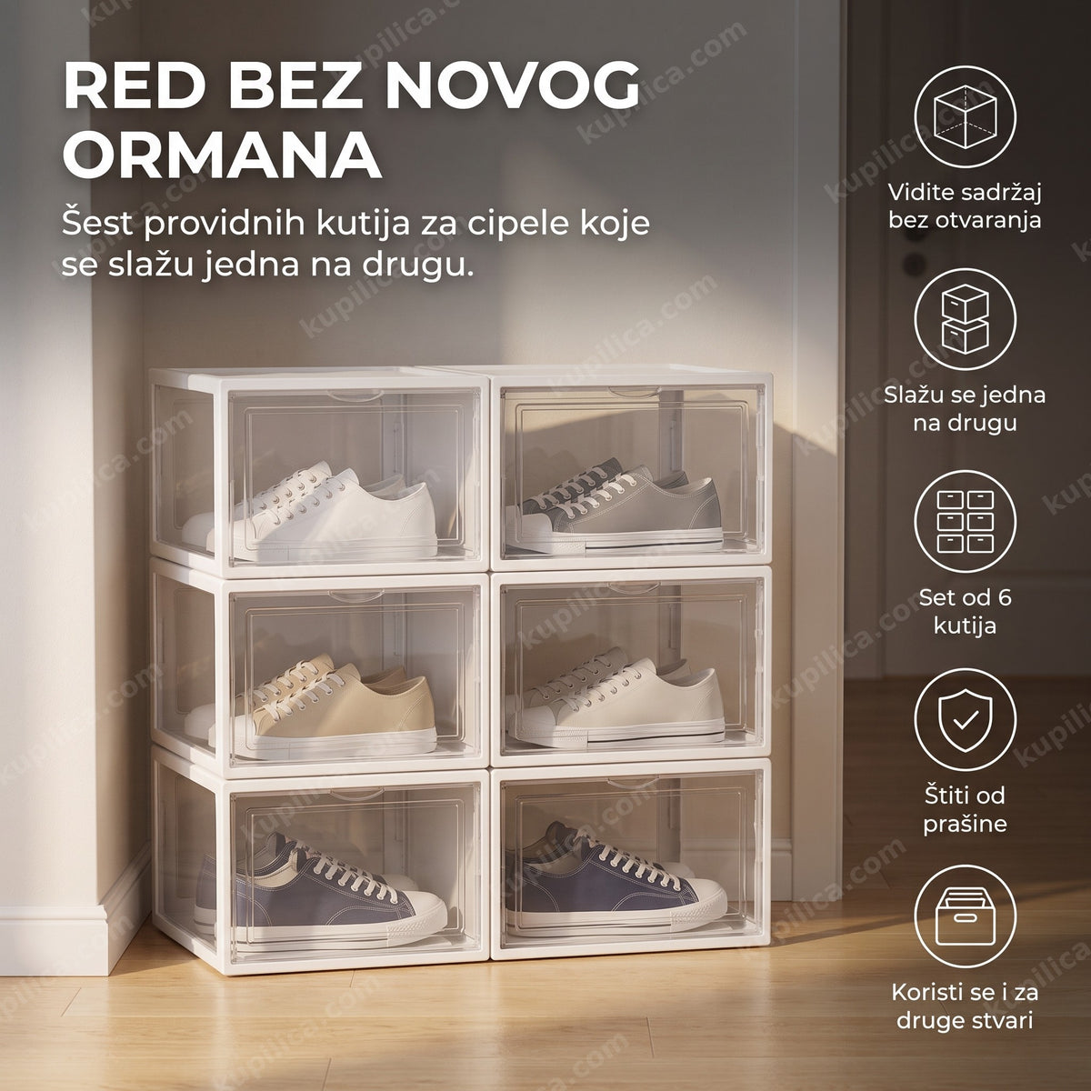 providne kutije za cipele slažu se u hodniku, prikaz benefita proizvoda