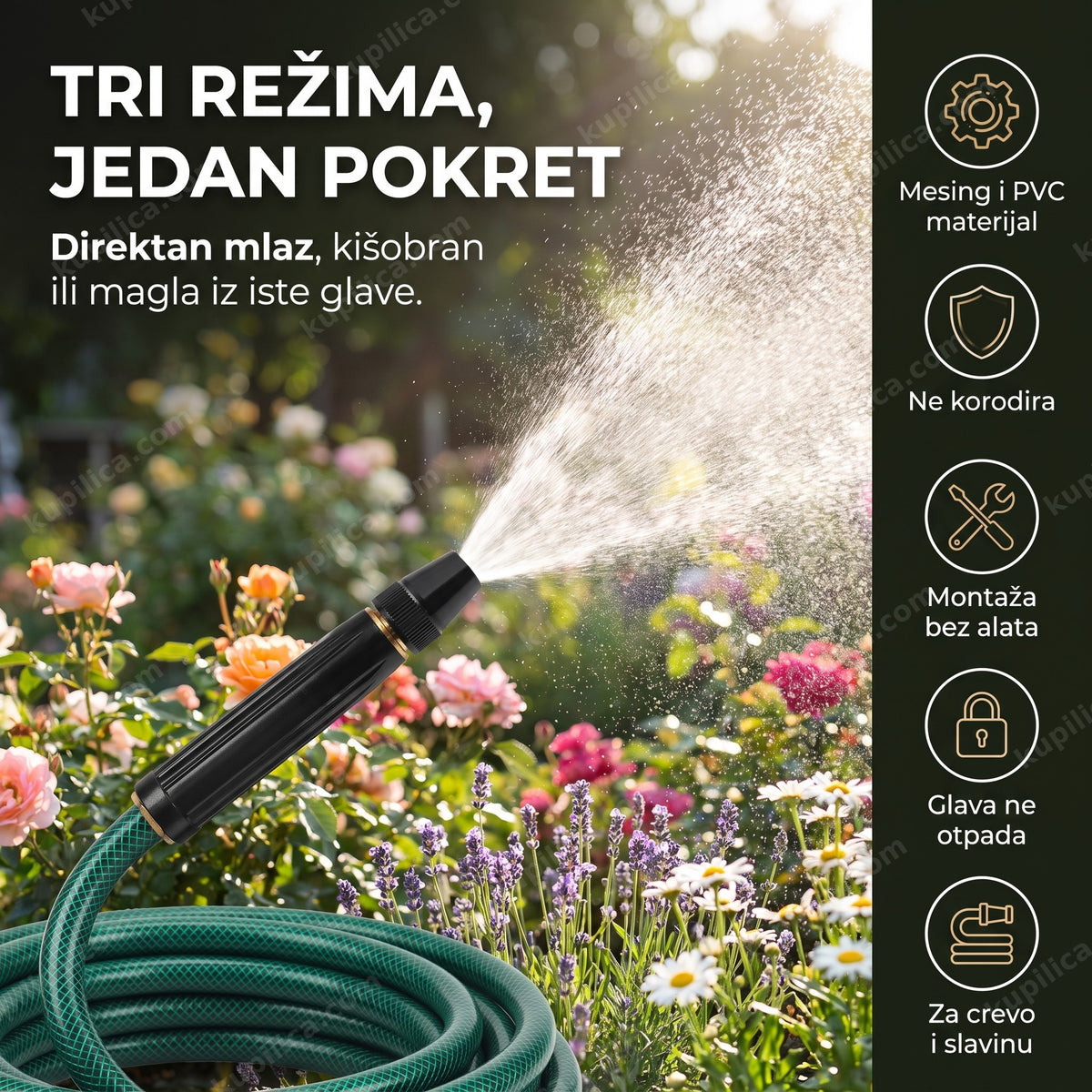 crna prskalica za baštensko crevo sa tri režima mlaza u bašti