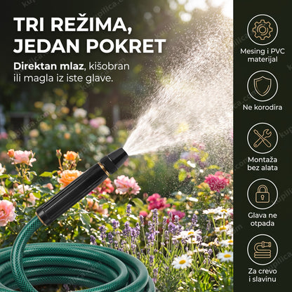 crna prskalica za baštensko crevo sa tri režima mlaza u bašti