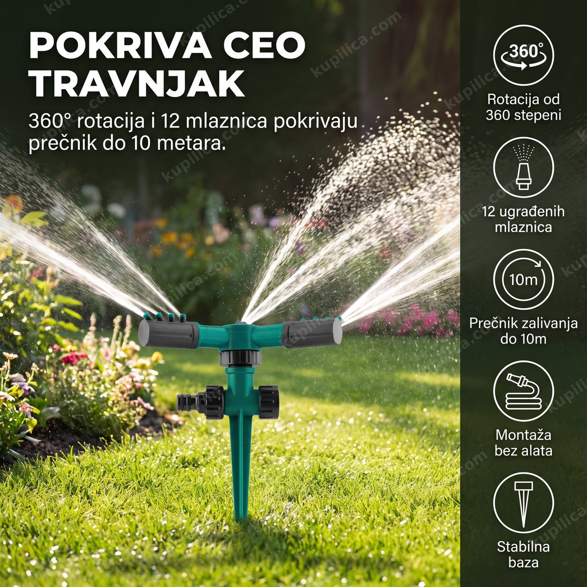 zelena prskalica za travnjak sa 360 rotacijom i vodenim mlazovima u dvorištu, benefiti proizvoda