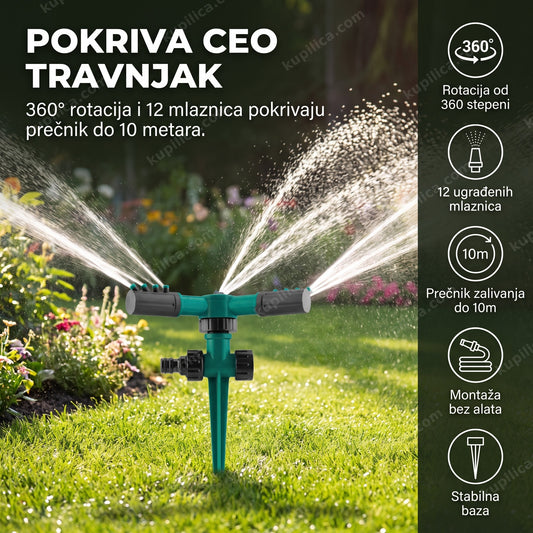 zelena prskalica za travnjak sa 360 rotacijom i vodenim mlazovima u dvorištu, benefiti proizvoda