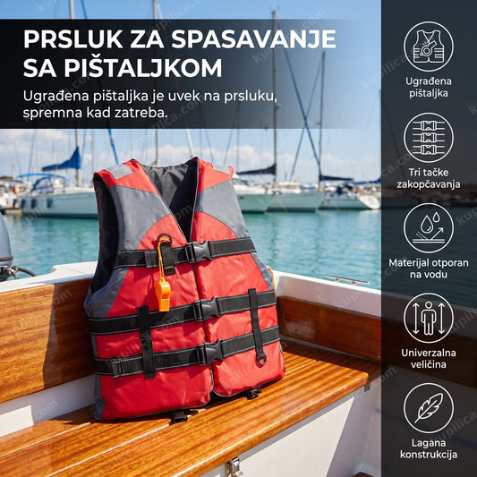 Crveno-sivi prsluk za spasavanje sa pištaljkom na klupi čamca u marini