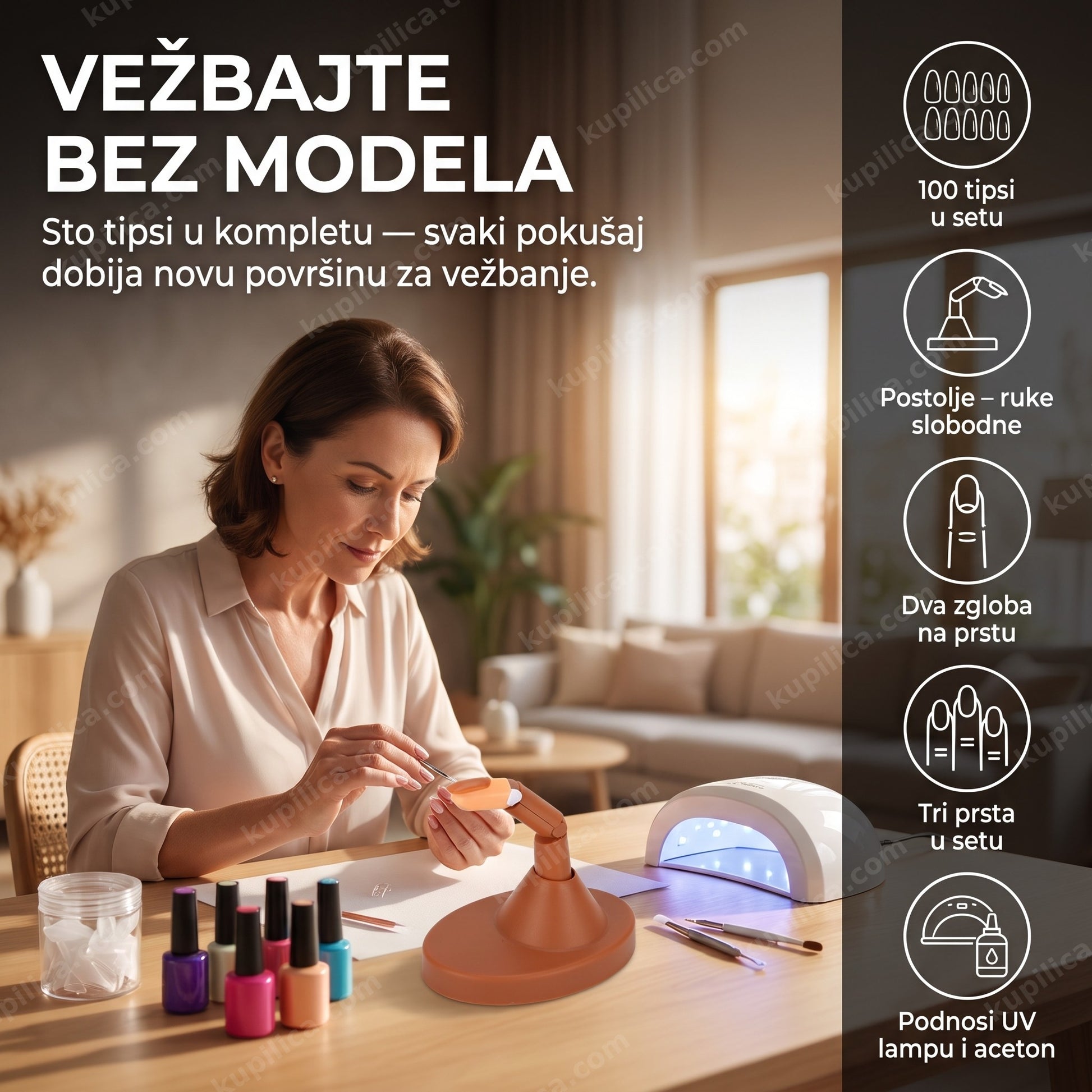 Prst za vežbanje noktiju sa postoljem i 100 tipsi, Nail Art Trening set NM1016