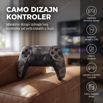 Camo dizajn bežični gamepad za ps5 na kožnom naslonu sofe