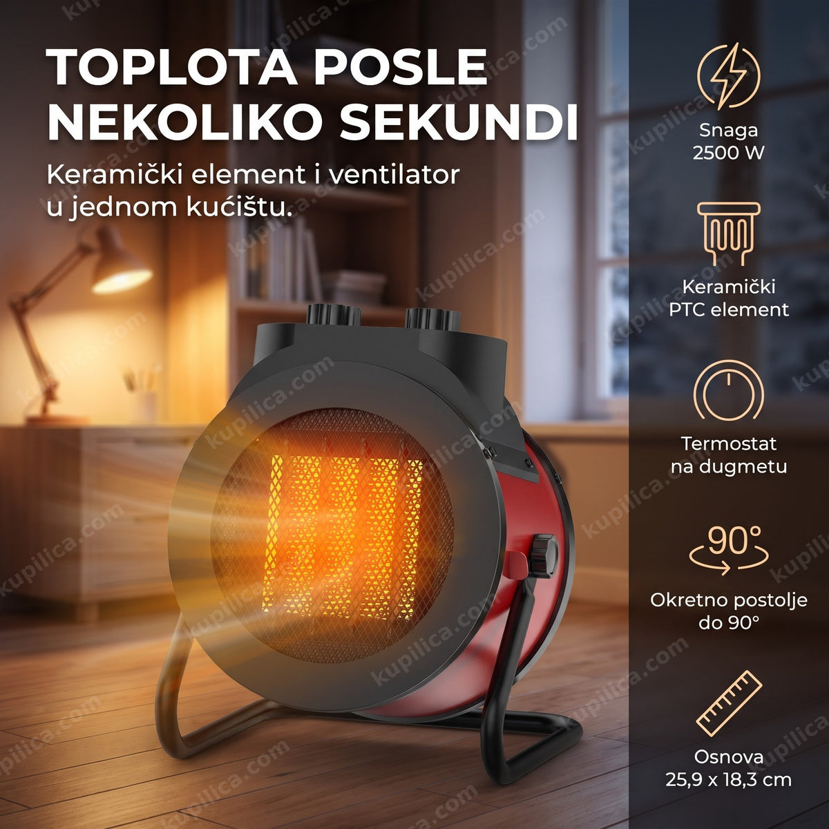 crvena ptc keramička grejalica sa ventilatorom ispod radnog stola u kancelariji