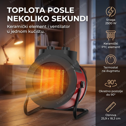 crvena ptc keramička grejalica sa ventilatorom ispod radnog stola u kancelariji