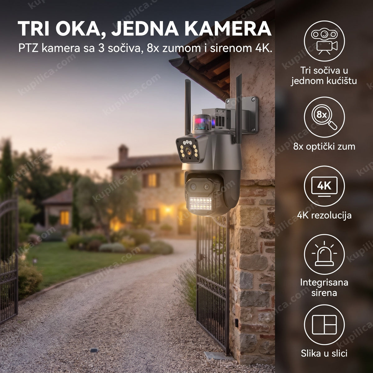 ptz kamera sa 3 sočiva i sirenom montirana na zidu kuće, benefiti proizvoda