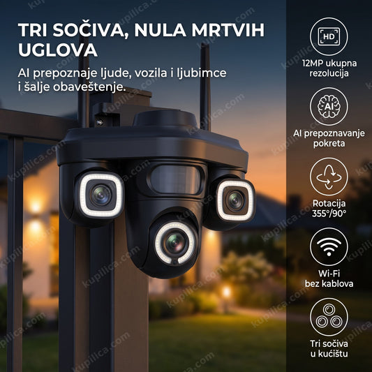 crna ptz kamera sa tri sočiva i antenama na kapiji uveče