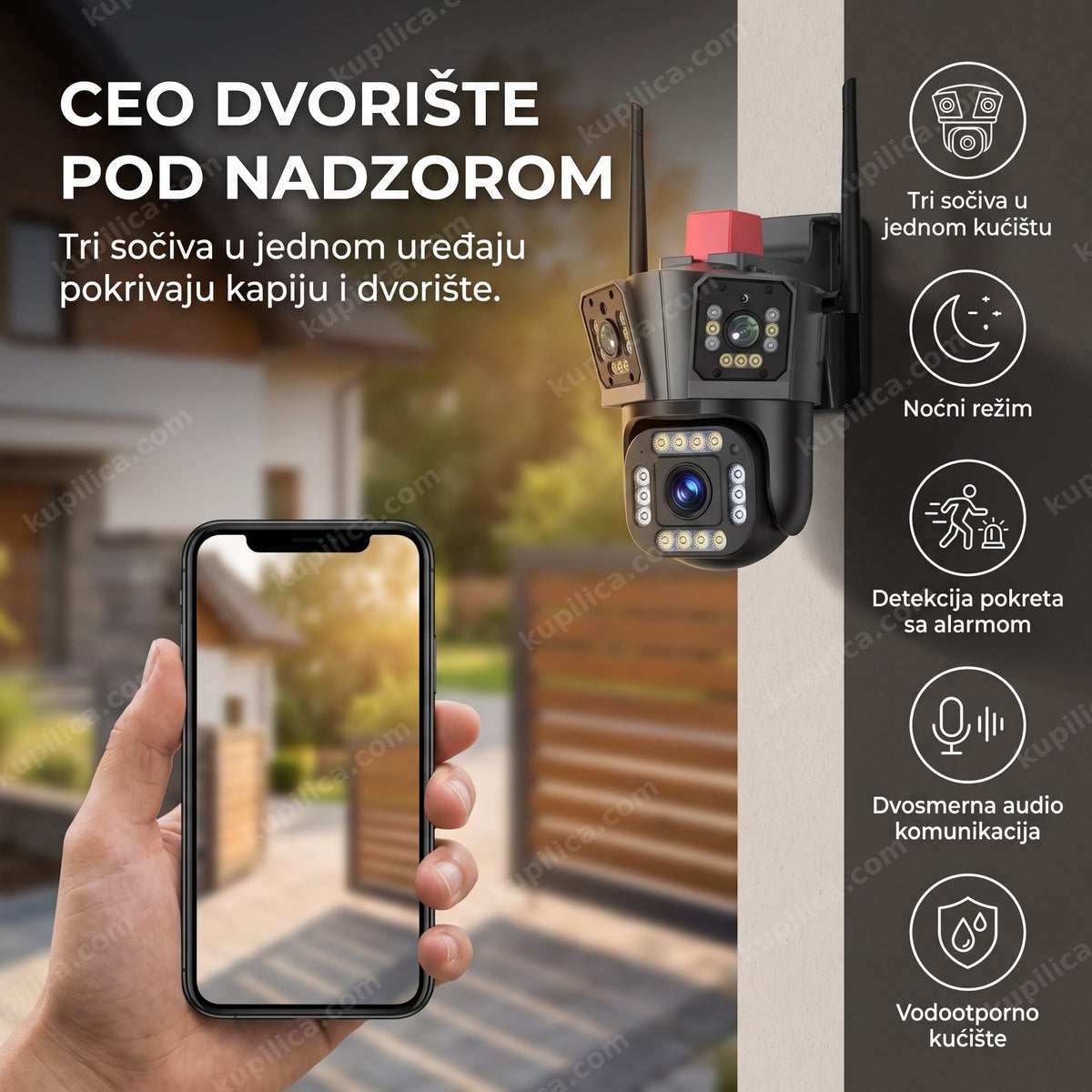 ptz wifi kamera montirana na zidu kuće iznad dvorišta, benefiti proizvoda
