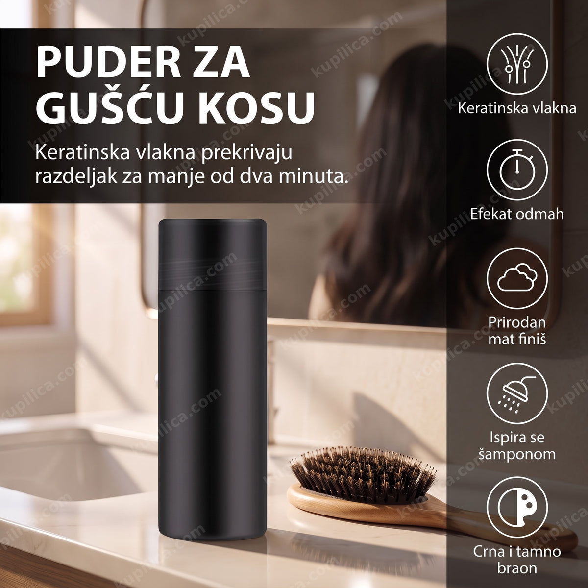Crna bočica pudera za gušću kosu pored četke na stočiću, benefiti proizvoda