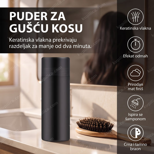 Crna bočica pudera za gušću kosu pored četke na stočiću, benefiti proizvoda