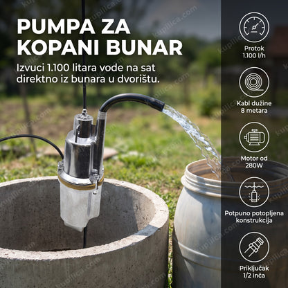 Potapajuća pumpa za bunar spuštena u šaht sa crevom koje izbacuje vodu
