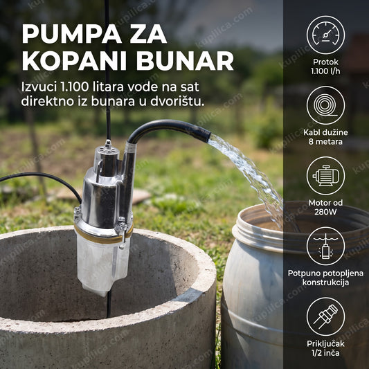 Potapajuća pumpa za bunar spuštena u šaht sa crevom koje izbacuje vodu