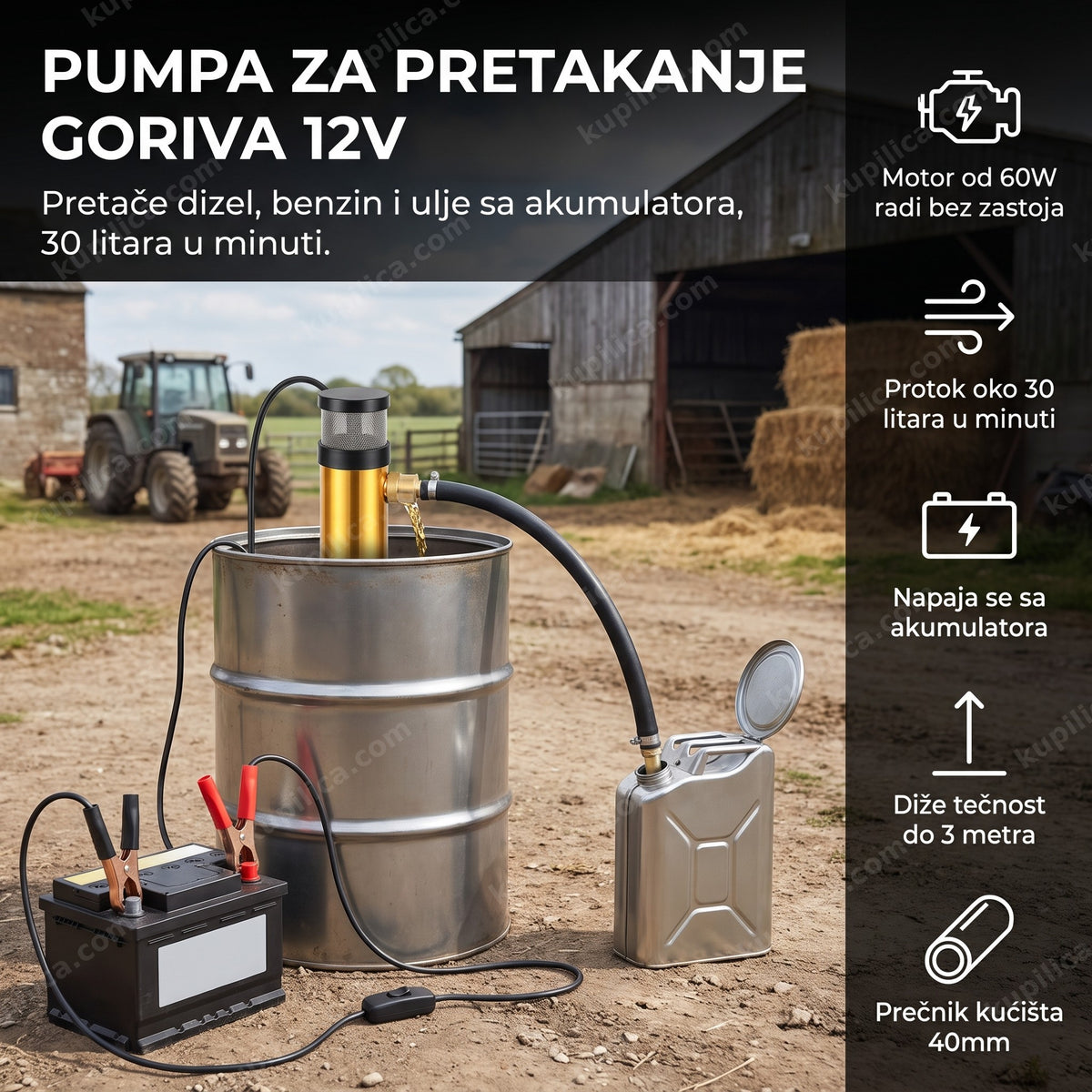 pumpa za pretakanje goriva 12v sa kleštima za akumulator u dvorištu pored traktora, benefiti proizvoda