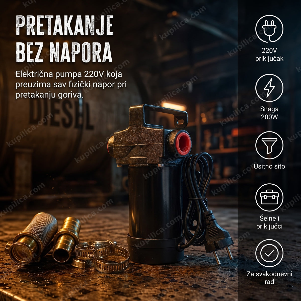 pumpa za pretakanje goriva 220V 200W — model V220 sa priključcima, šelnama i sitom