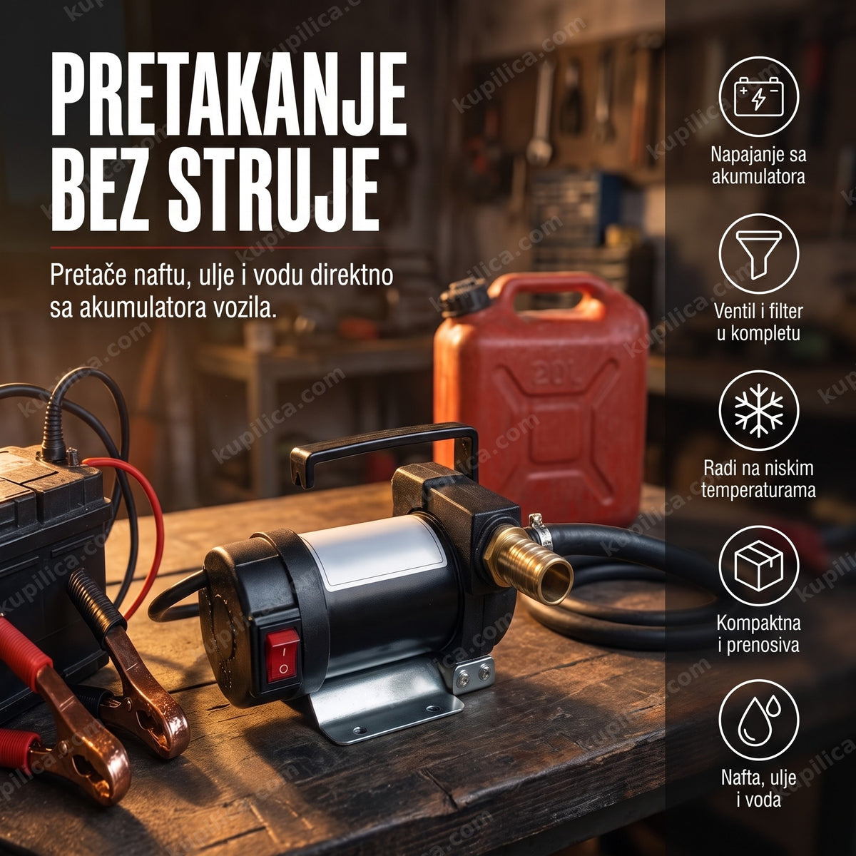 pumpa za pretakanje nafte 12V povezana na akumulator pored kanistera goriva