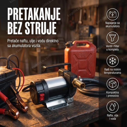 pumpa za pretakanje nafte 12V povezana na akumulator pored kanistera goriva
