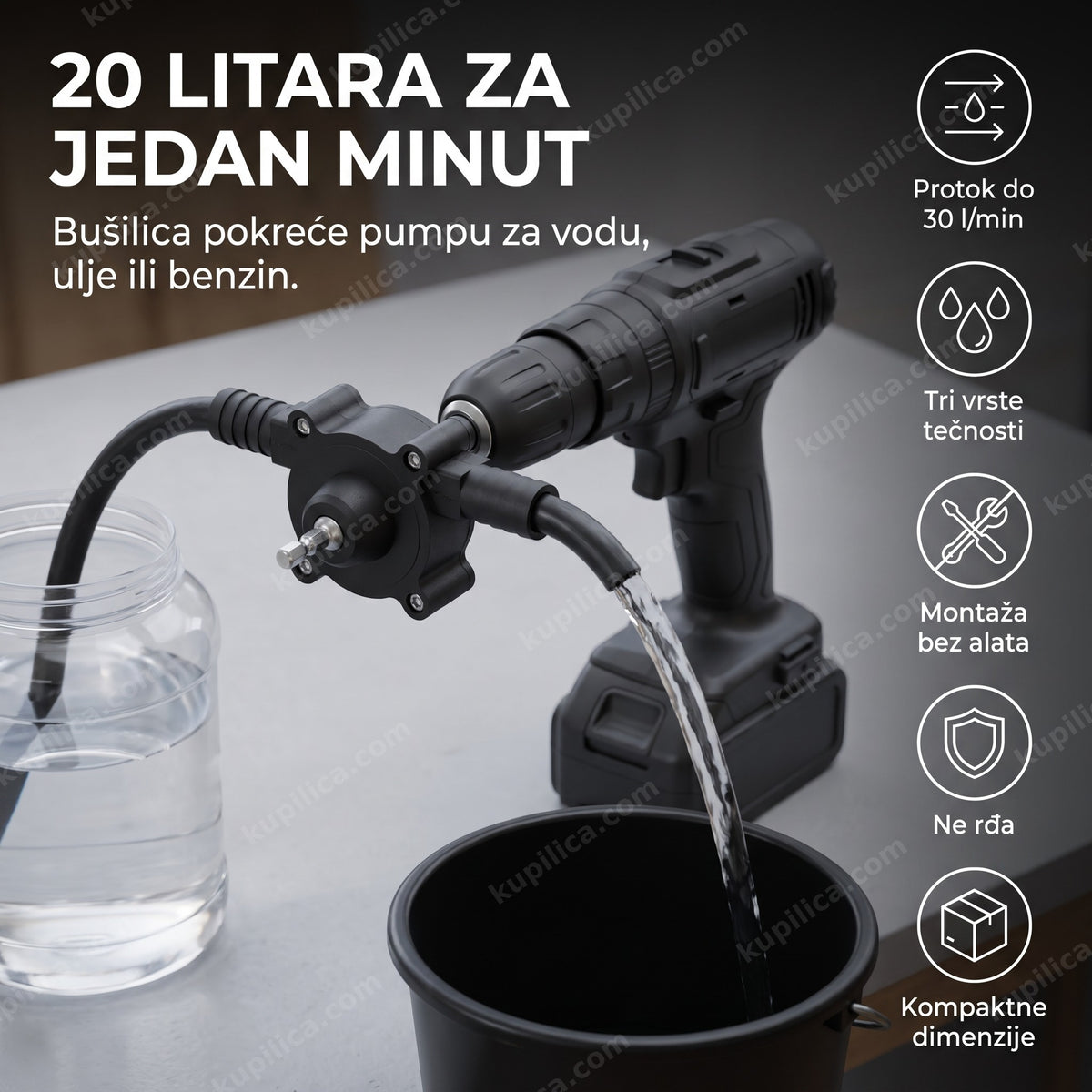crna pumpa za pretakanje tečnosti sa dva creva na bušilici