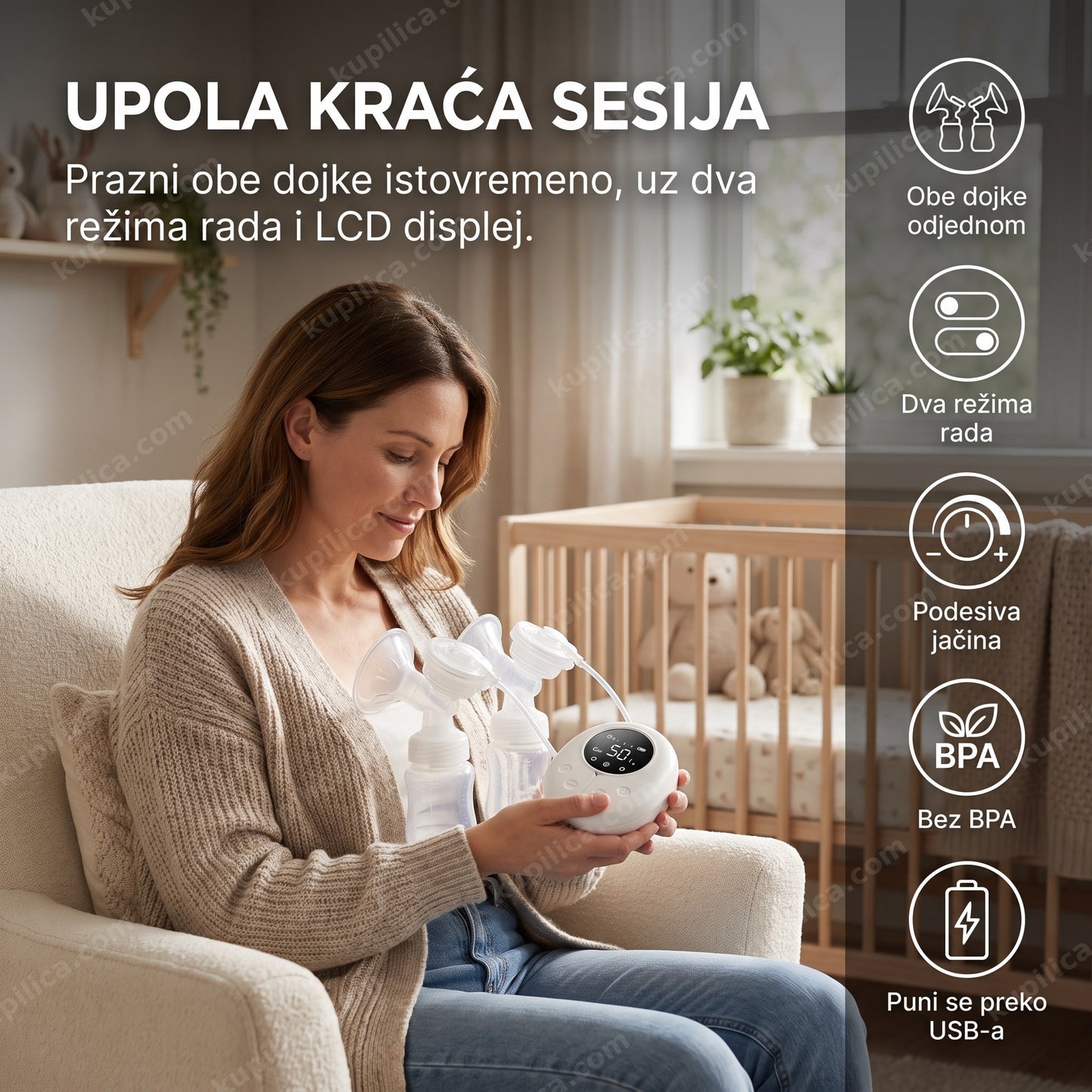 pumpica za izmuzavanje mleka — mama drži duplu električnu pumpicu sa LCD displejem u naslonjači