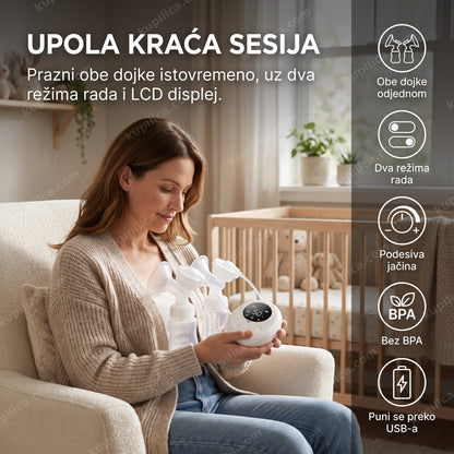 pumpica za izmuzavanje mleka — mama drži duplu električnu pumpicu sa LCD displejem u naslonjači