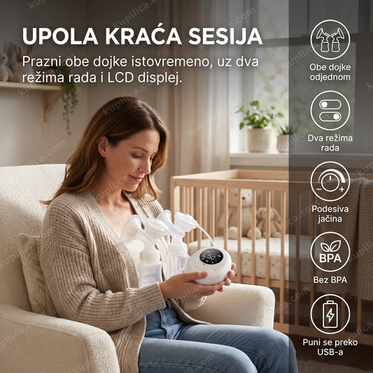 pumpica za izmuzavanje mleka — mama drži duplu električnu pumpicu sa LCD displejem u naslonjači