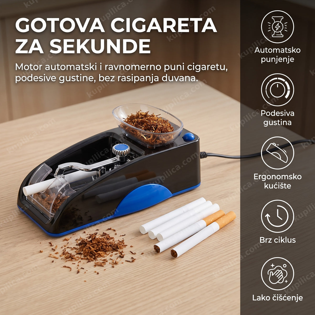 električna punilica za cigarete — uređaj sa duvanom i gotovim cigaretama na stolu, benefiti proizvoda
