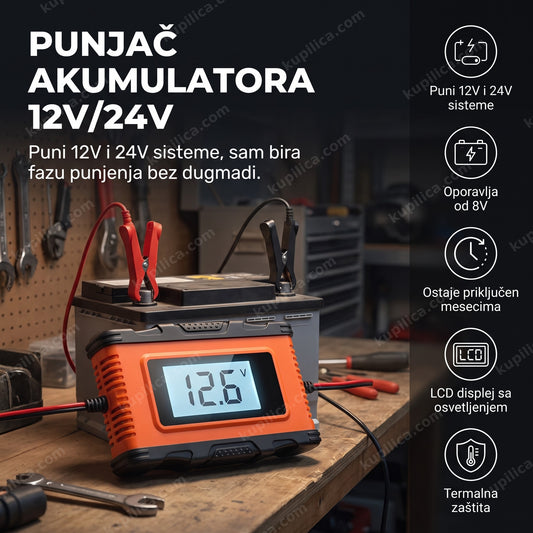 punjač akumulatora 12v 24v povezan kleštima u garaži, benefiti proizvoda