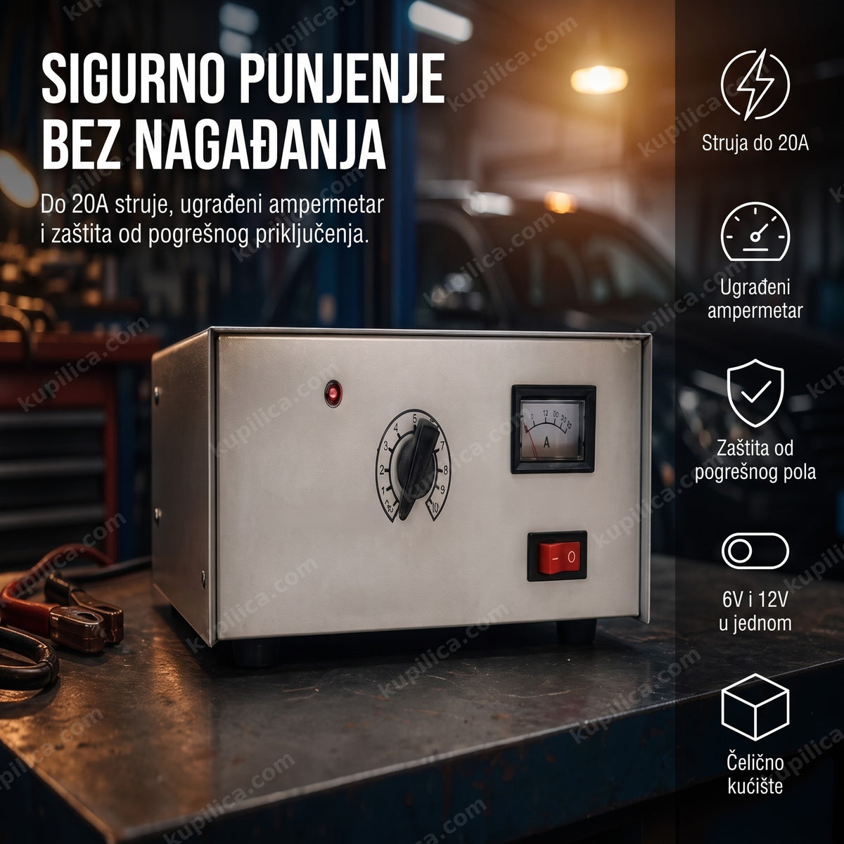 punjač akumulatora HYKC-20A sa ampermetrom na radnom stolu u garaži