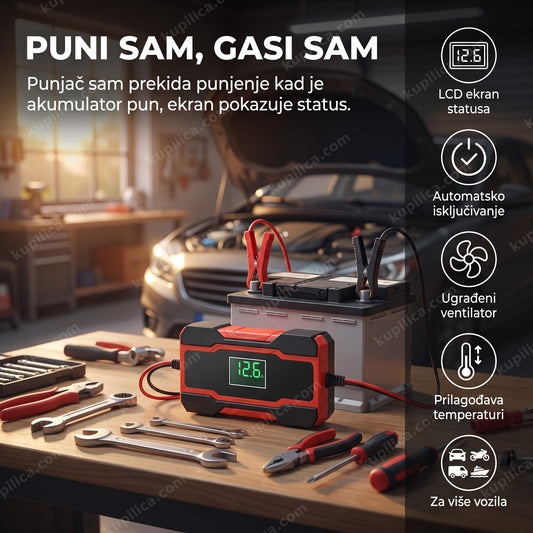 punjač za akumulator sa lcd ekranom u garaži, kablovi spojeni na akumulator, benefiti proizvoda