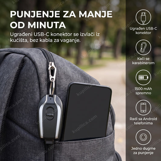 Crni privezak punjač za telefon za Android okačen na ranac – benefiti proizvoda
