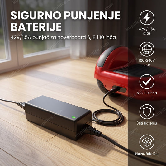 punjač za hoverboard 6, 8 i 10 inča — crni adapter povezan sa hoverbordom