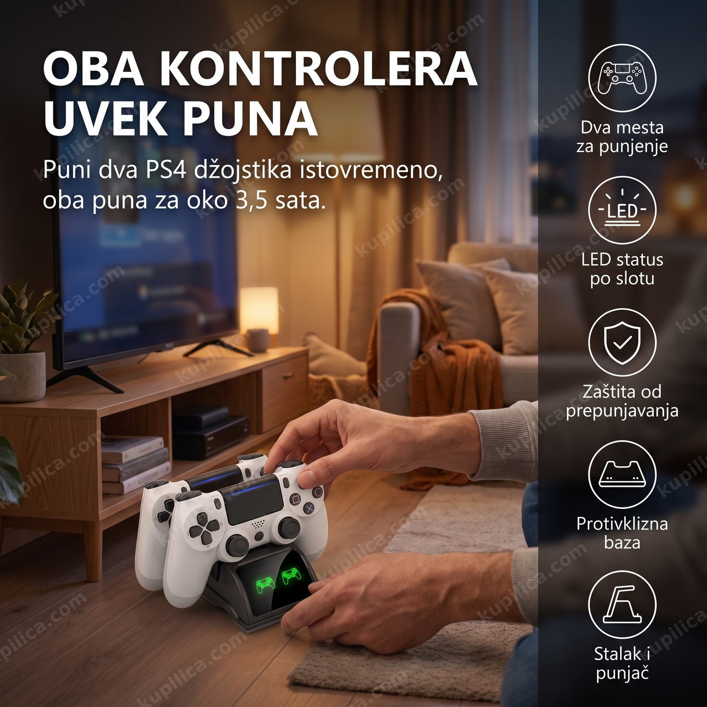 punjač za ps4 kontrolere — dva džojstika na punjenju uz TV, LED indikator punjenja