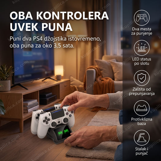 punjač za ps4 kontrolere — dva džojstika na punjenju uz TV, LED indikator punjenja