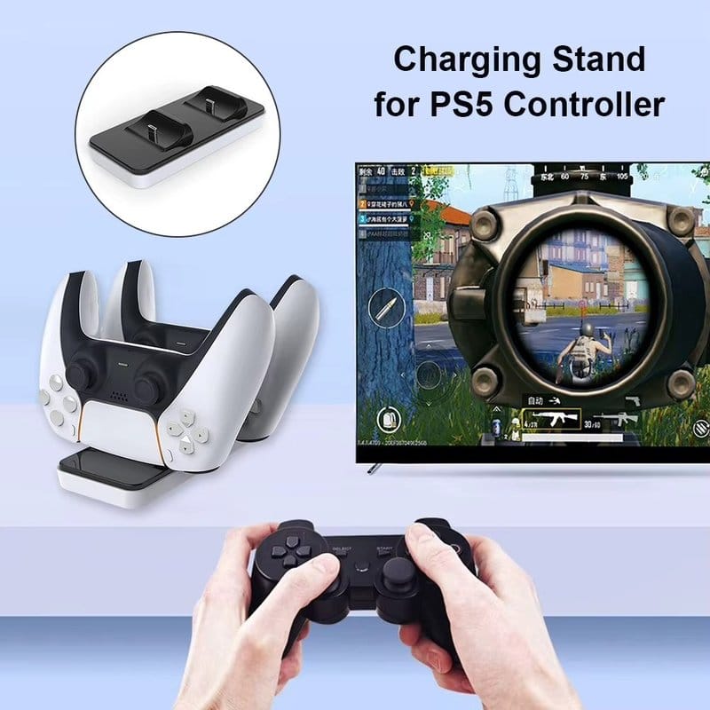 punjač za PS5 kontrolere postavljen pored PS5 konzole